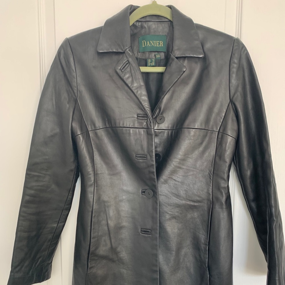 Danier Authentic Black Leather Jacket. Free Simon Chang Blue Handbag
